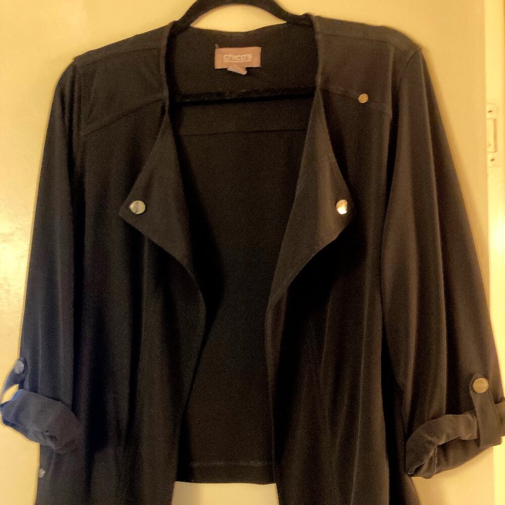 Lightweight jacket, Chicos size 1, black with rollup sleeves